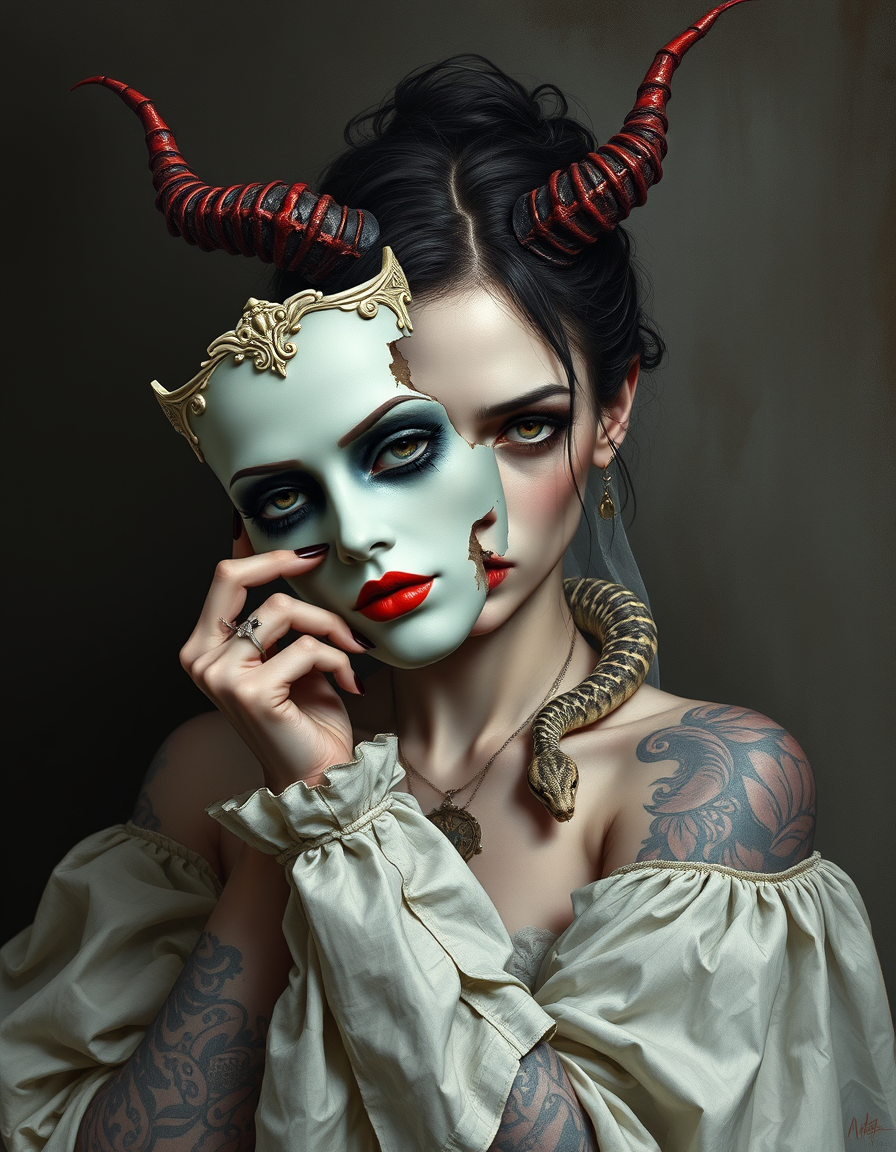 Book Covers idea: cover-ready concept art organized around genre, focal point, and title-safe space, deliberate composition, Grotesque woman with nice cloths. Devil hor