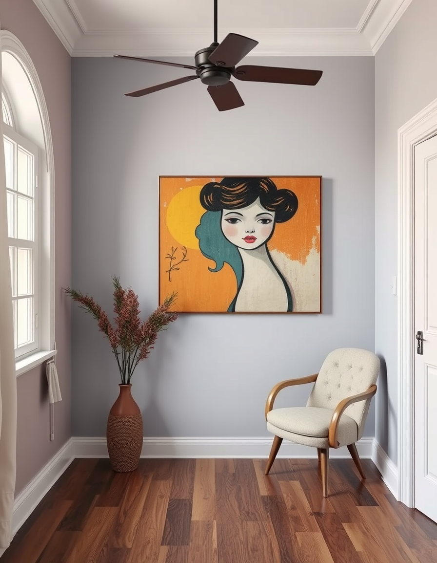 Paint Color idea: room repainted in a new wall color from the photo, accurate paint finish, photorealistic interior render, 1930s abstract woman , paint color visualiza