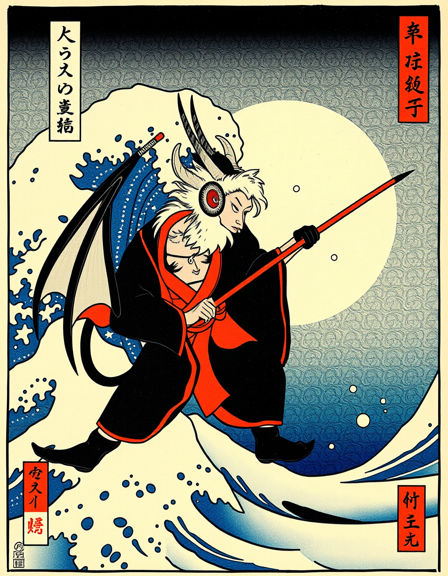 Ukiyo E idea: ukiyo-e woodblock print, flat color planes, bold black outline, traditional Japanese print, sur une jetée, un samourai tue un démon , inspired by Hoku