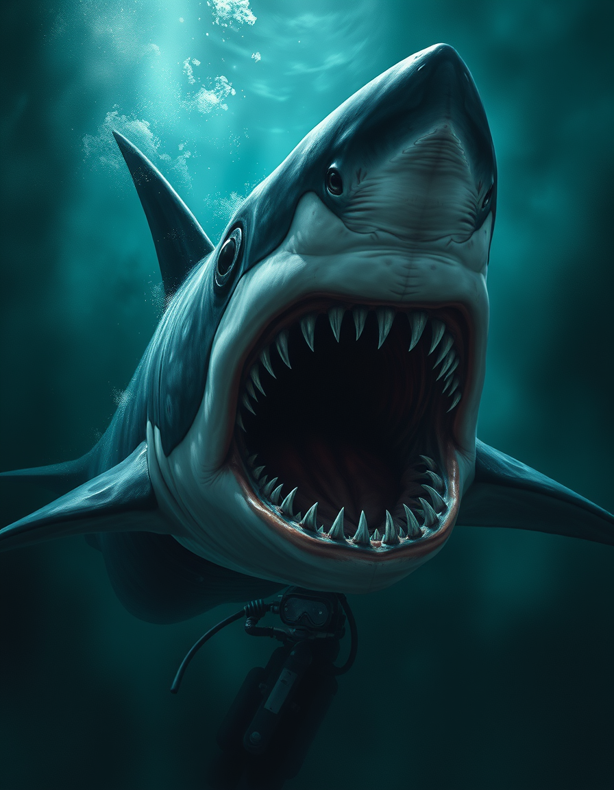 Book Covers idea: cover-ready concept art organized around genre, focal point, and title-safe space, deliberate composition, Design a book cover with a Megalodon type s