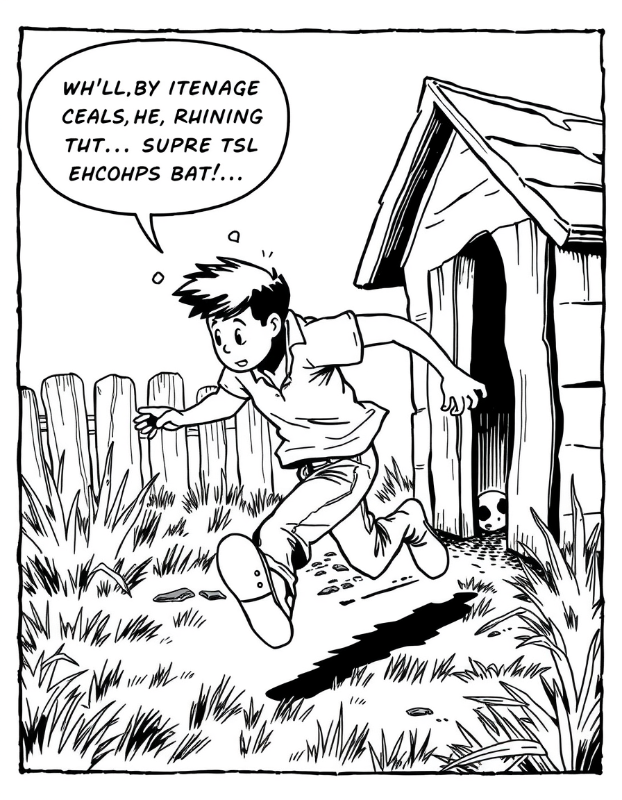 Comic Art idea: comic art, bold ink lines, halftone shading, dynamic composition, A mother calls her teenage son like she would a beloved pet dog. The son comes runni