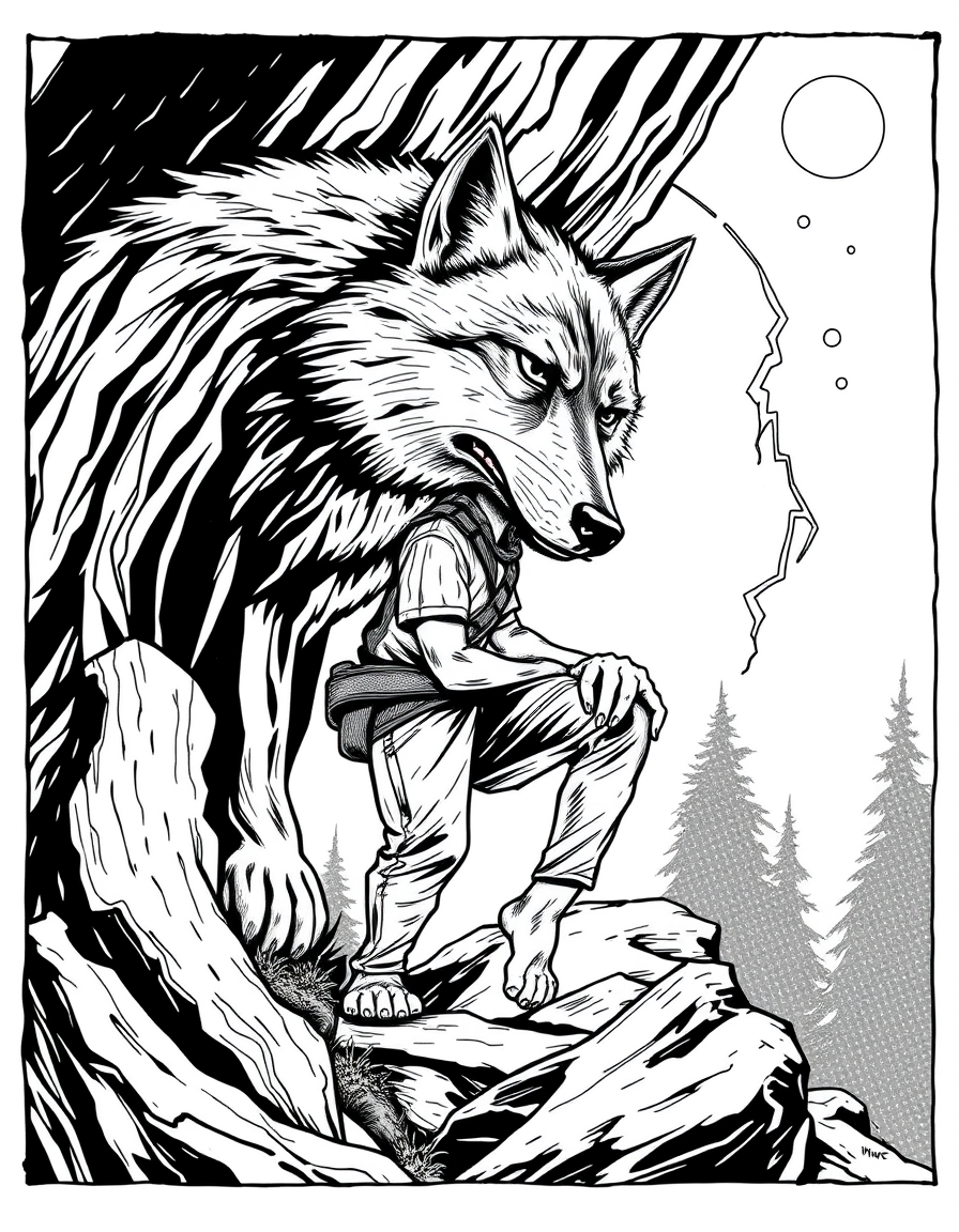 Comic Art idea: comic art, bold ink lines, halftone shading, dynamic composition, make a comic dub about steve mining wood be susecfull but one day he gets bitten by 