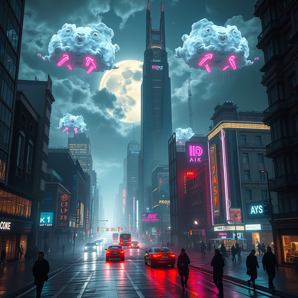Main painting studio: Eine beeindruckende futuristische Stadt bei Nacht, riesige Wolkenkratzer mit leuchtenden Neonlichtern, fliegende Autos zwischen den Gebäuden, regennas