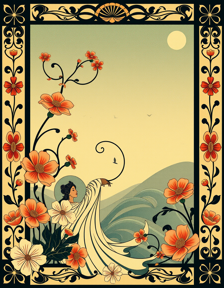 Art Nouveau idea: art nouveau illustration, flowing organic lines, decorative panel borders, ornamental floral motifs, japanese abstract art , inspired by Alphonse Much