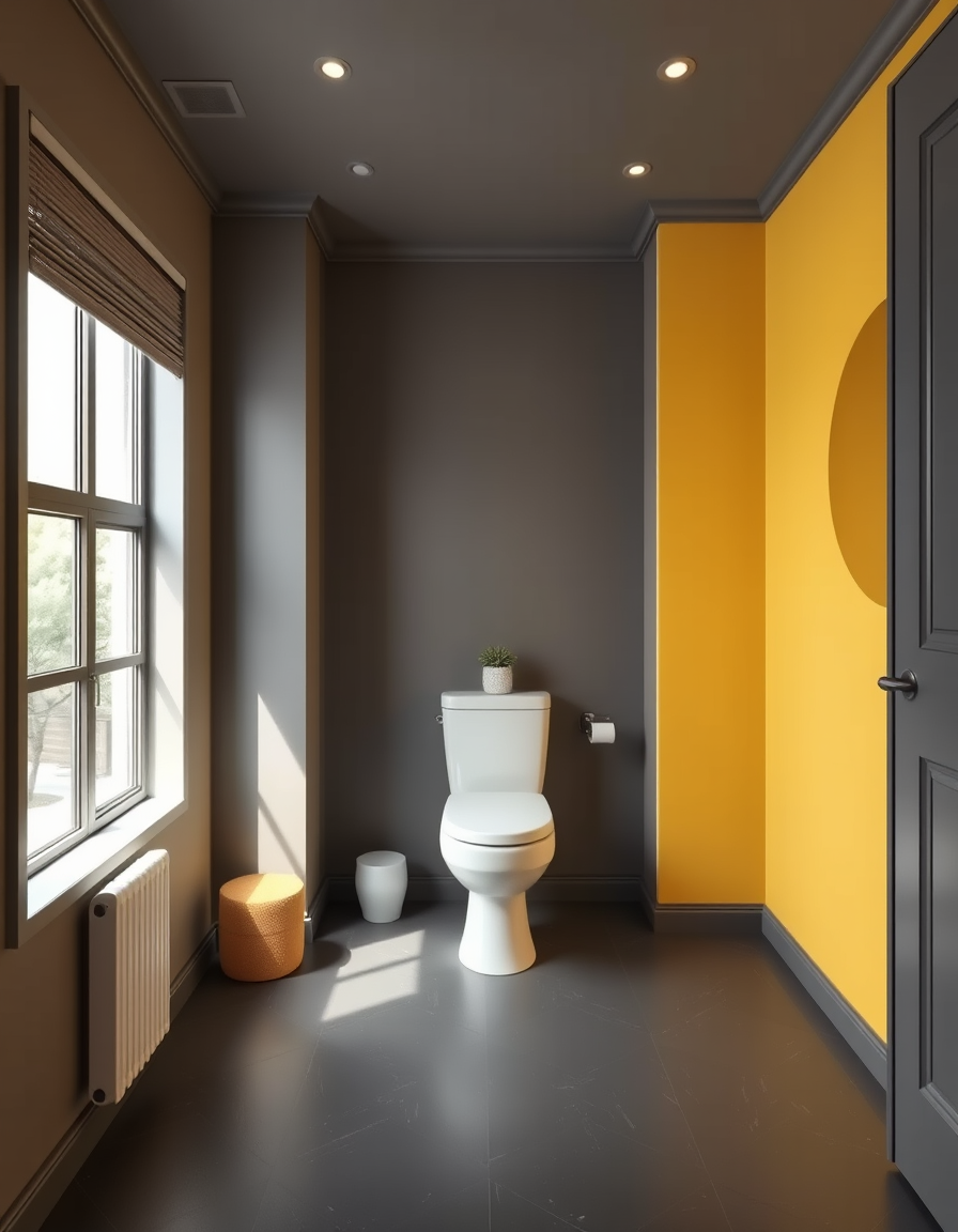 Paint Color idea: room repainted in a new wall color from the photo, accurate paint finish, photorealistic interior render, toilet flooring painted with charcoal grey,
