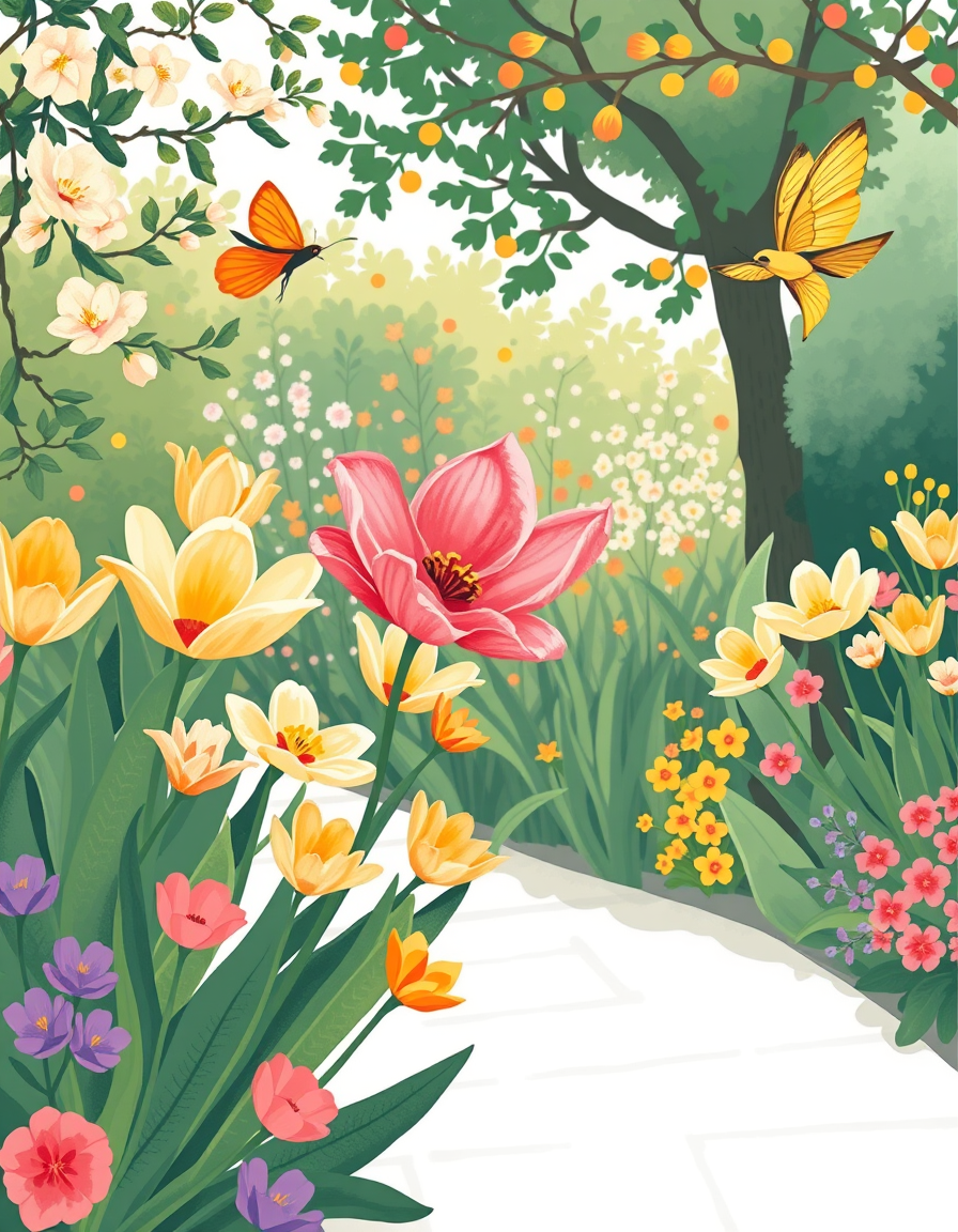 Greeting Cards idea: greeting card design, warm illustration, space for message, giardino primaverile allegro con tulipani e farfalla, palette pastello , printable greetin