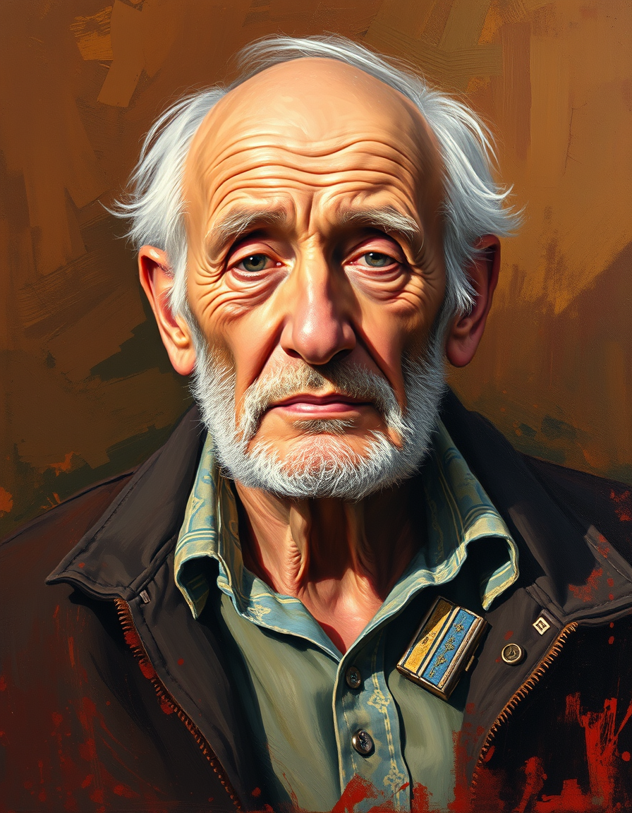 Photo To Paintings idea: painting from the photo, rich brushstrokes, painterly texture, a portrait of an elderly man in oil paint with warm chiaroscuro lighting and rich impas