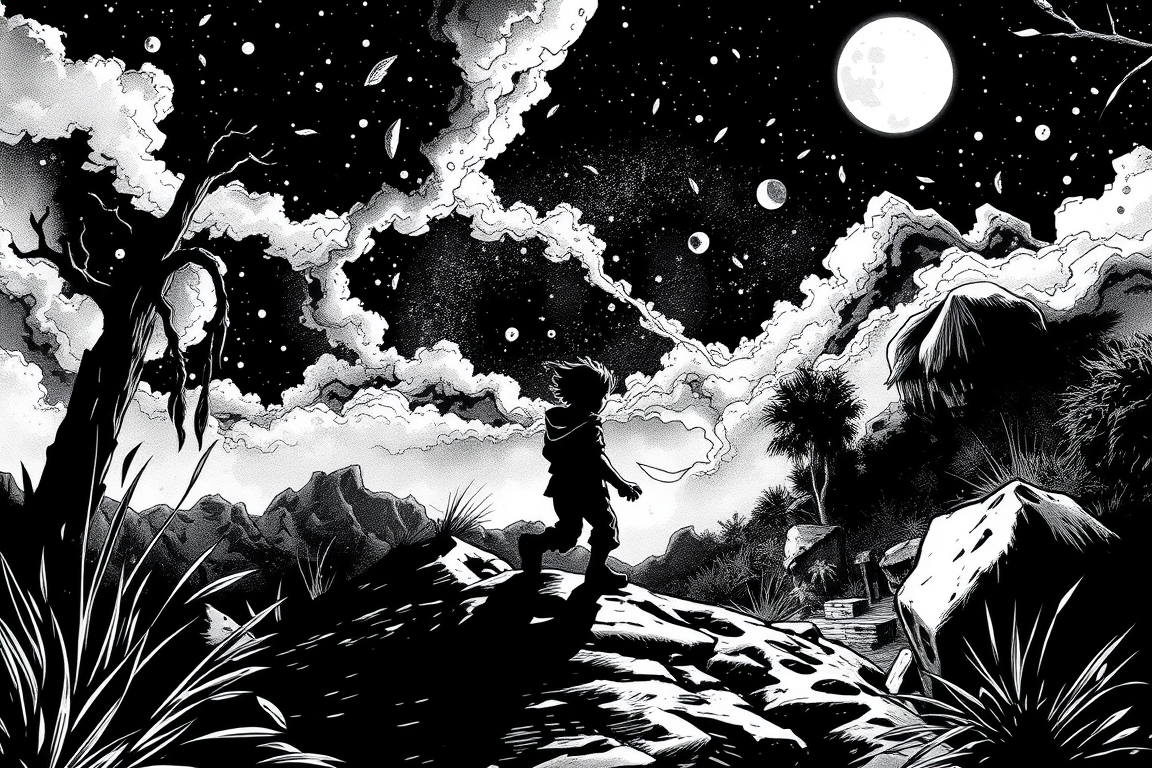 Comic Art idea: comic art, bold ink lines, halftone shading, dynamic composition, UN NIÑO CAMINANDO SOLO EN LA NOCHE TODO QUE ESTE OSCURO Y TENEBLOSO CON LA LUNA LLEN