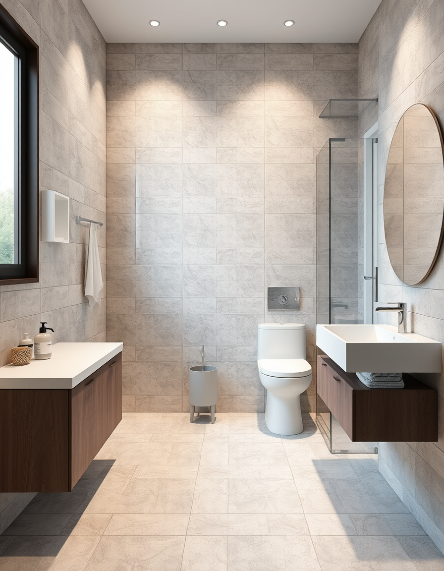 Bathroom Design idea: AI bathroom design, tiled surfaces vanity and fixtures, photorealistic interior render, bagno. lato lungo, in ordine: lavanderia a colonna, dentro a u