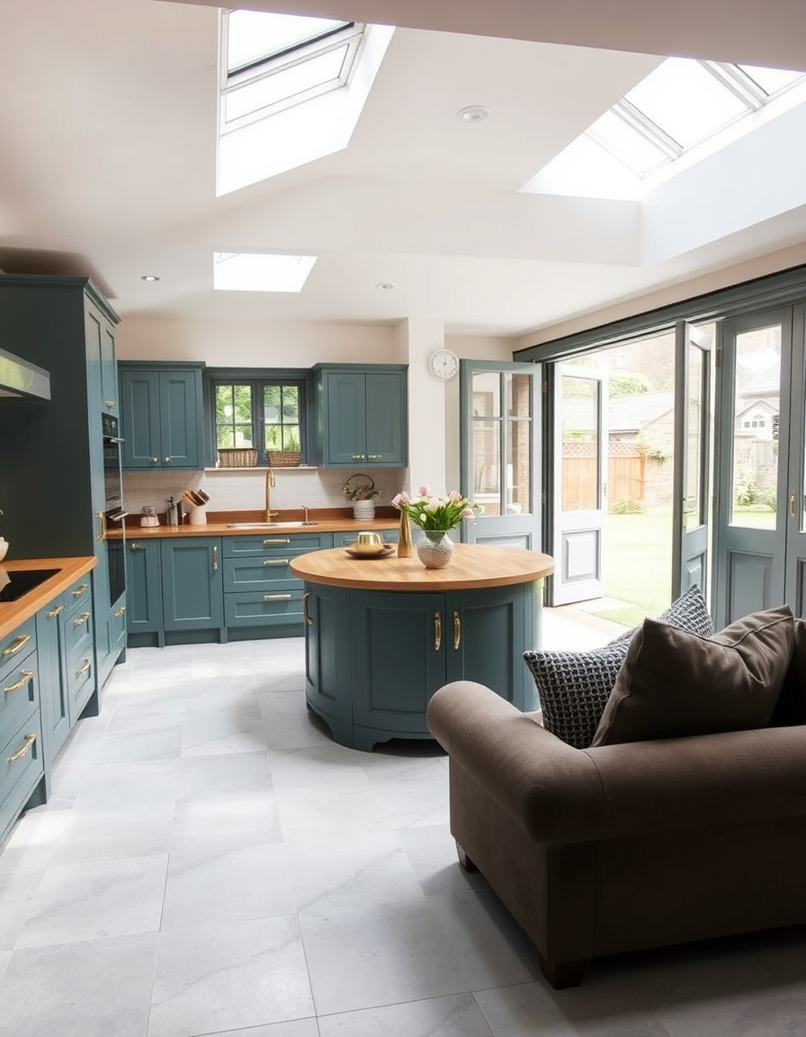 Main painting studio: Kitchen with teal painted cupboards and brass handles and brass taps and fittings. Large rounded island in the middle. Worktops wood. Light grey large