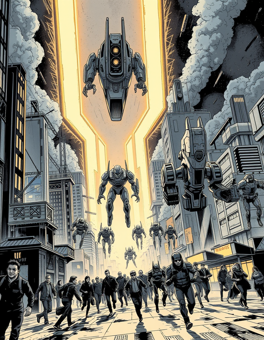 Comic Art idea: comic art, bold ink lines, halftone shading, dynamic composition, Comic book art of a futuristic city at night. Giant glowing portals open in the sky