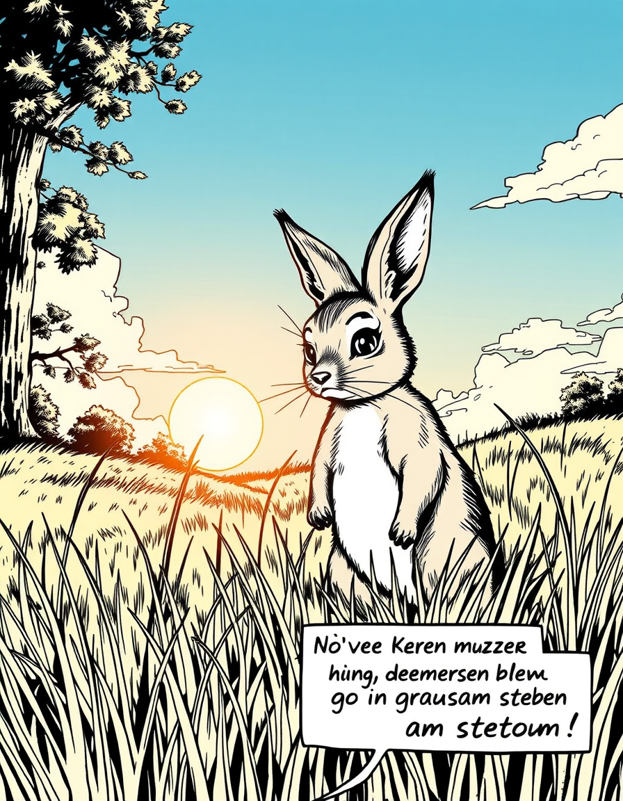 Comic Art idea: comic art, bold ink lines, halftone shading, dynamic composition, Ein kaninchen im feld mit sonne und schönem hintergrund, und der sprechblase in der 