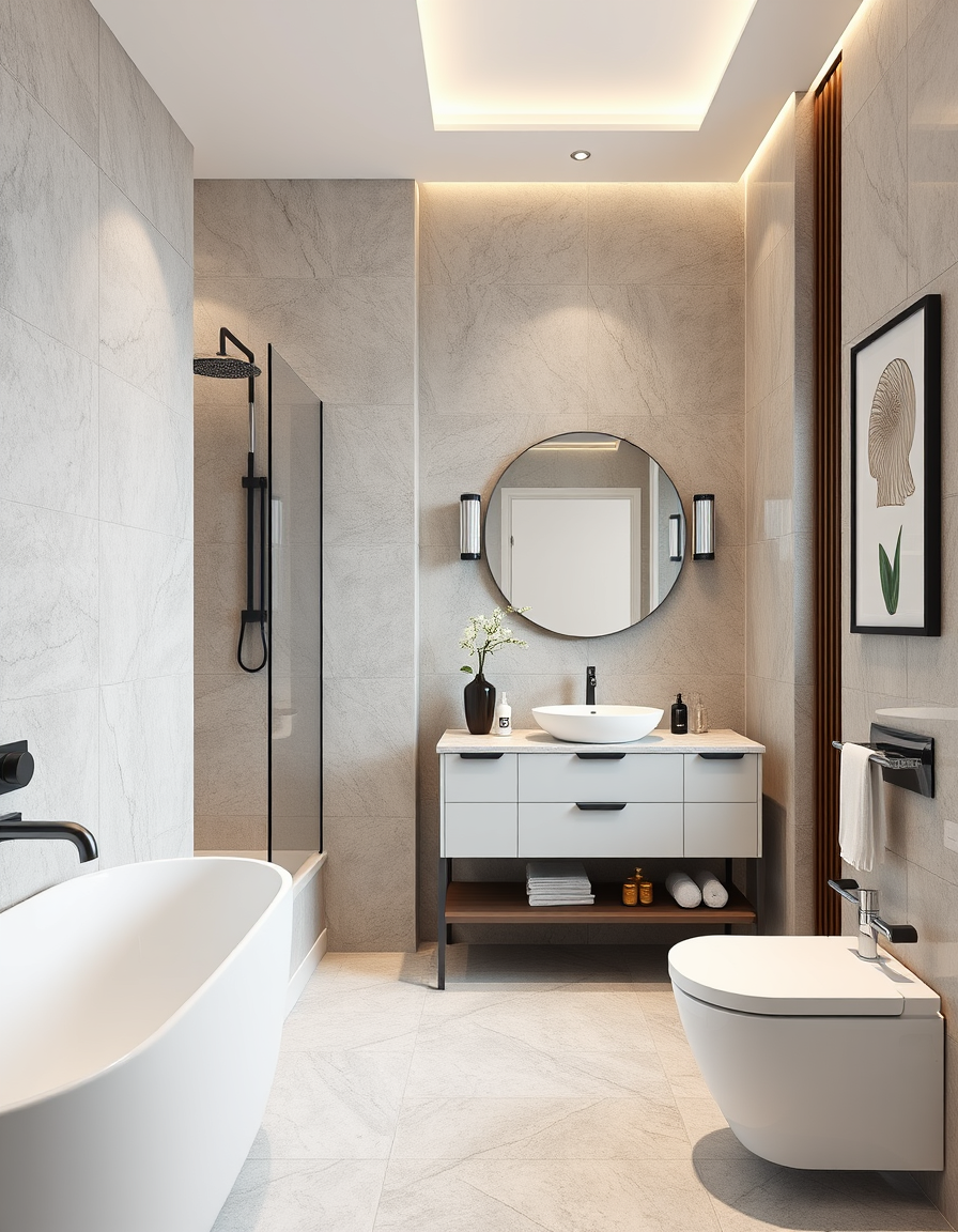 Bathroom Design idea: AI bathroom design, tiled surfaces vanity and fixtures, photorealistic interior render, AI生成一張浴室室內設計圖 , bathroom remodel visualization