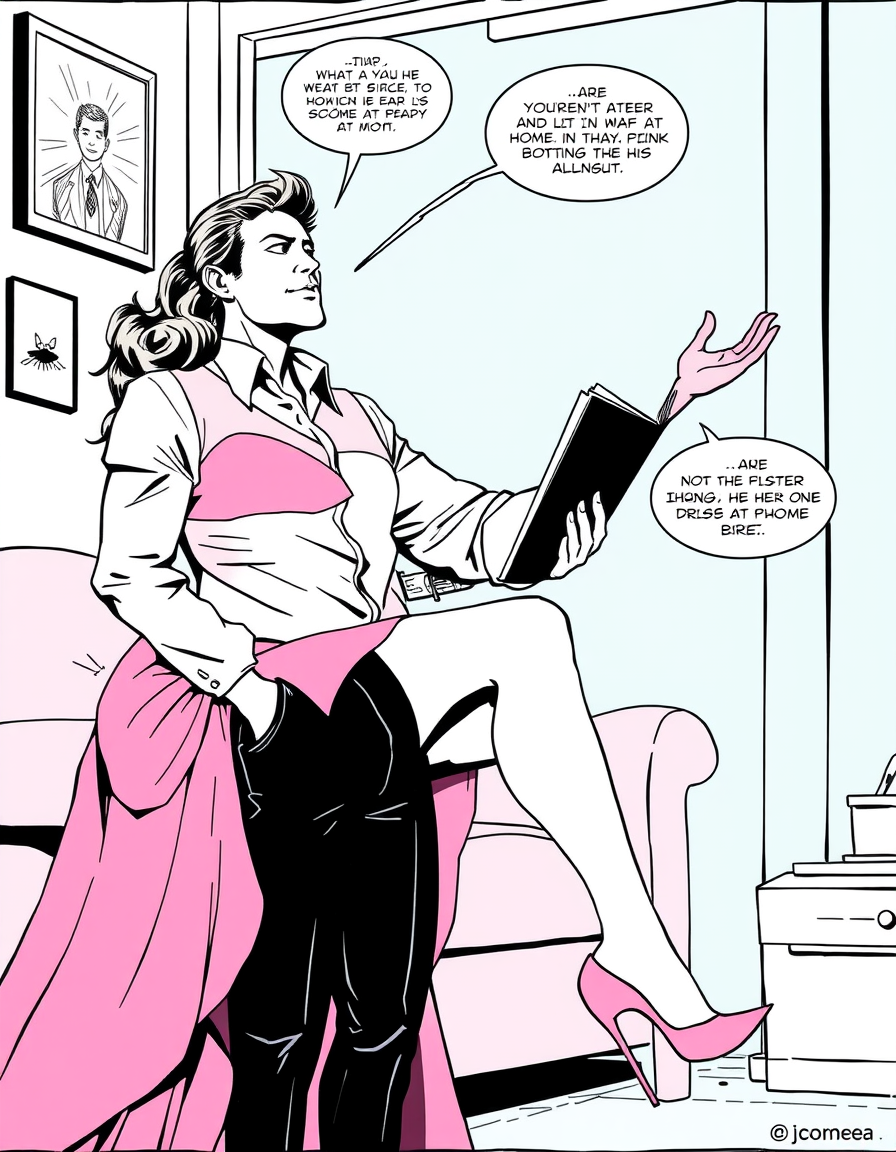 Comic Art idea: comic art, bold ink lines, halftone shading, dynamic composition, Write a 5 page comic of a man staying at home unemployed while his wife works hard. 