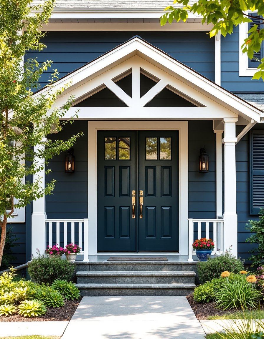 Exterior Paint idea created from the prompt: home exterior paint visualization, preserve architecture and landscaping, recolor siding trim and front door, A dark blue split foyer with w