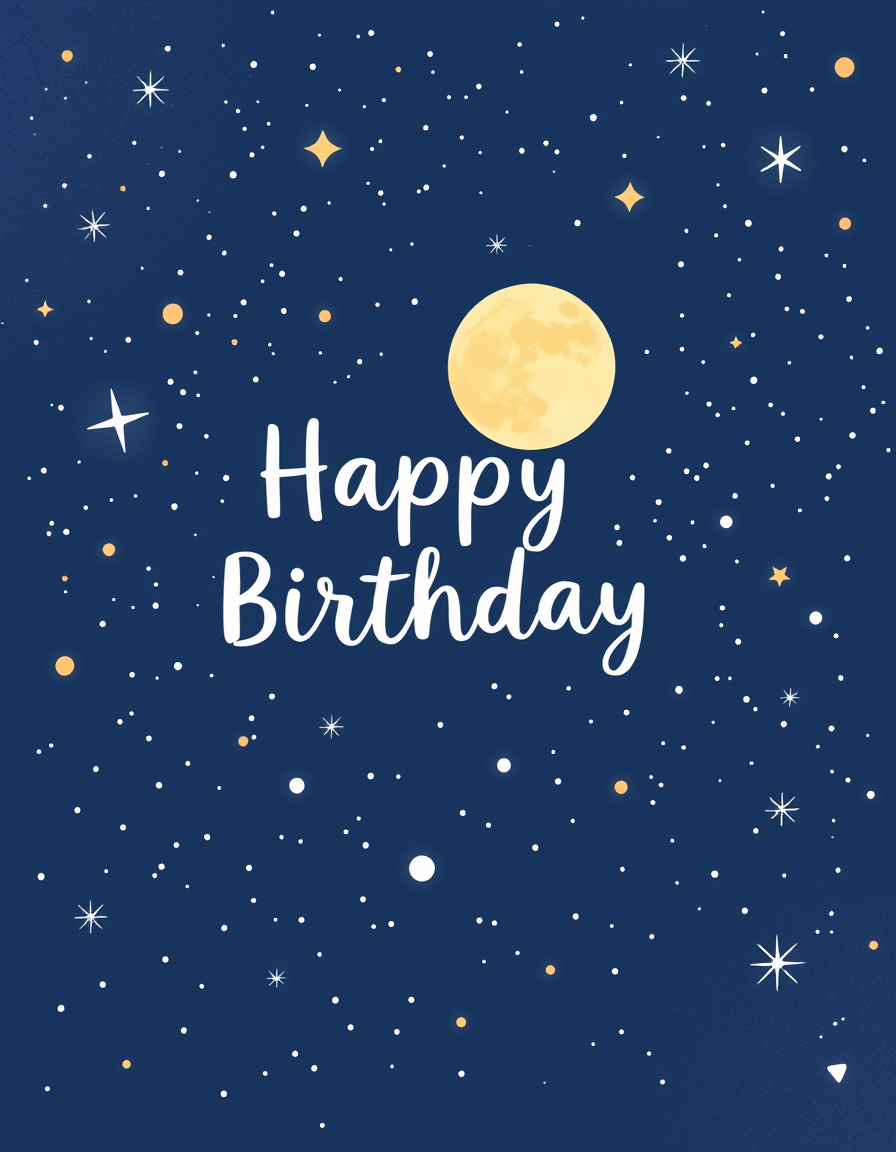 Birthday Cards idea: birthday card design, cheerful festive artwork, space for greeting, starry night sky with sparkles and a big glowing moon , printable birthday card