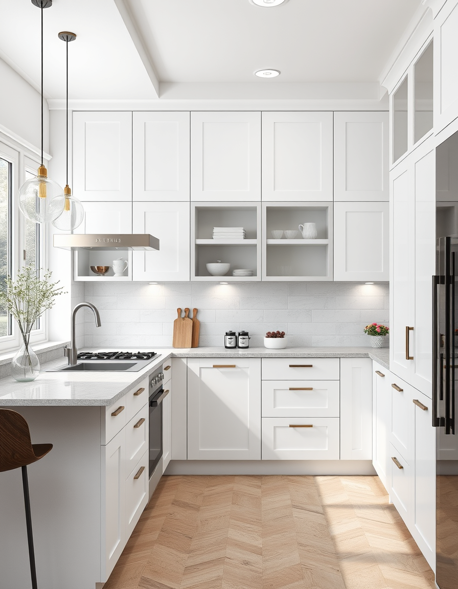 Kitchen Design idea: AI kitchen design, modern cabinetry countertops and lighting, photorealistic interior render, klasyczna, całkowicie biała kuchnia z frezowanymi fronta