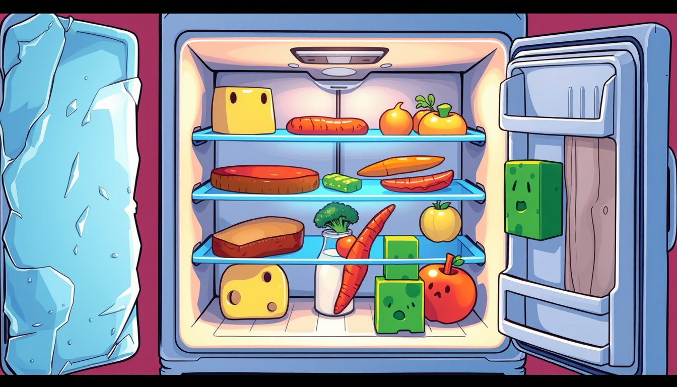 Comic Art idea: comic art, bold ink lines, halftone shading, dynamic composition, Pixar-style 3D animated banner for a puzzle game "Fridge Tetris": a cute open fridge