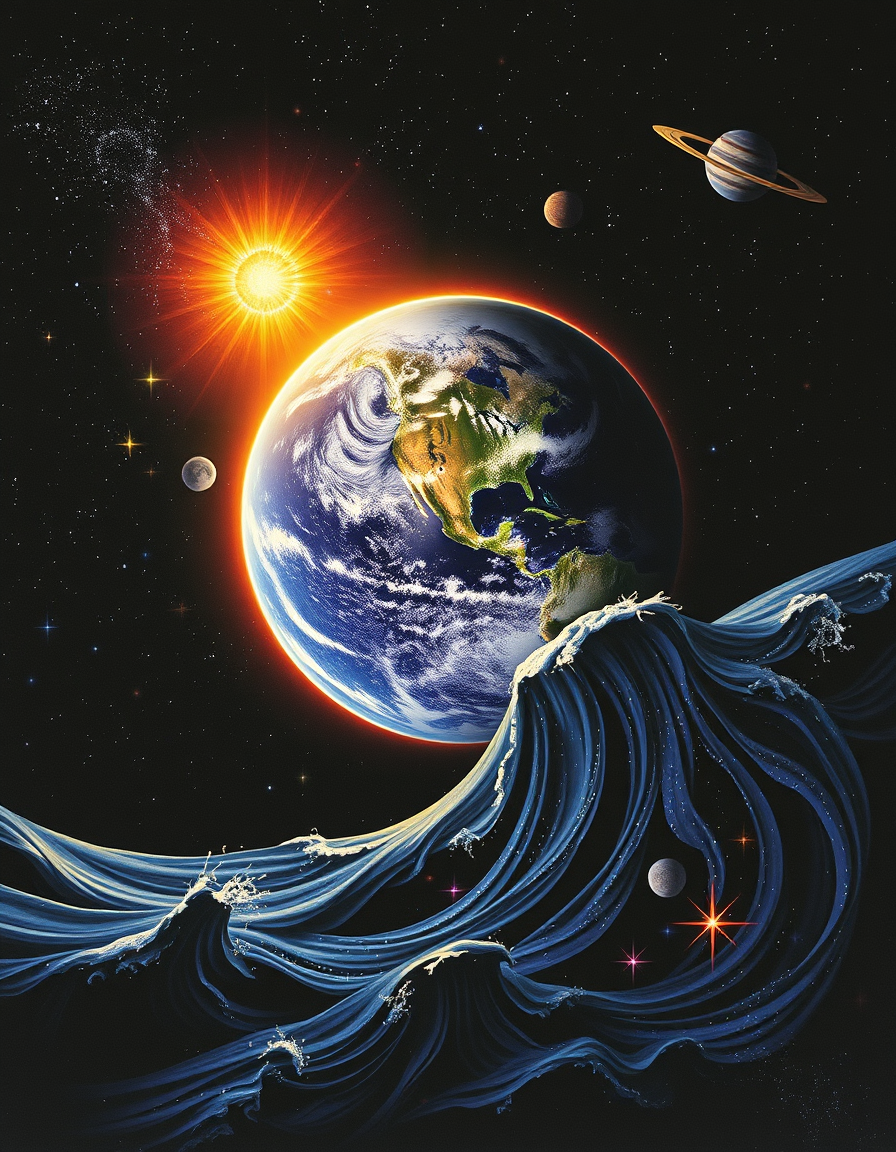 Main painting studio: Earth in its own realm of its own solar system with the sun and all the planets with a divding darkness dividing into another realm a realm of darknes