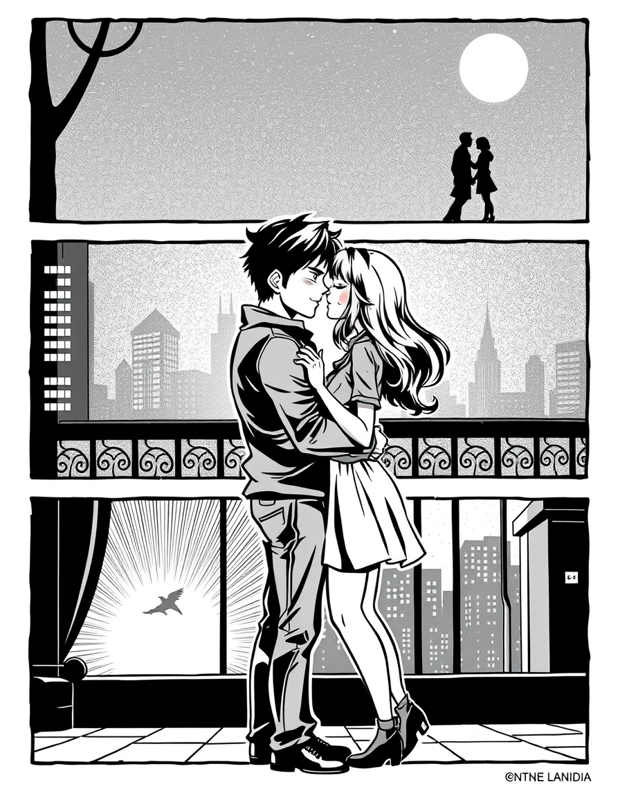Comic Art idea: comic art, bold ink lines, halftone shading, dynamic composition, un grafico estilo comic en 6 escenas estilo kawai sobre una pareja que esta muy ocup