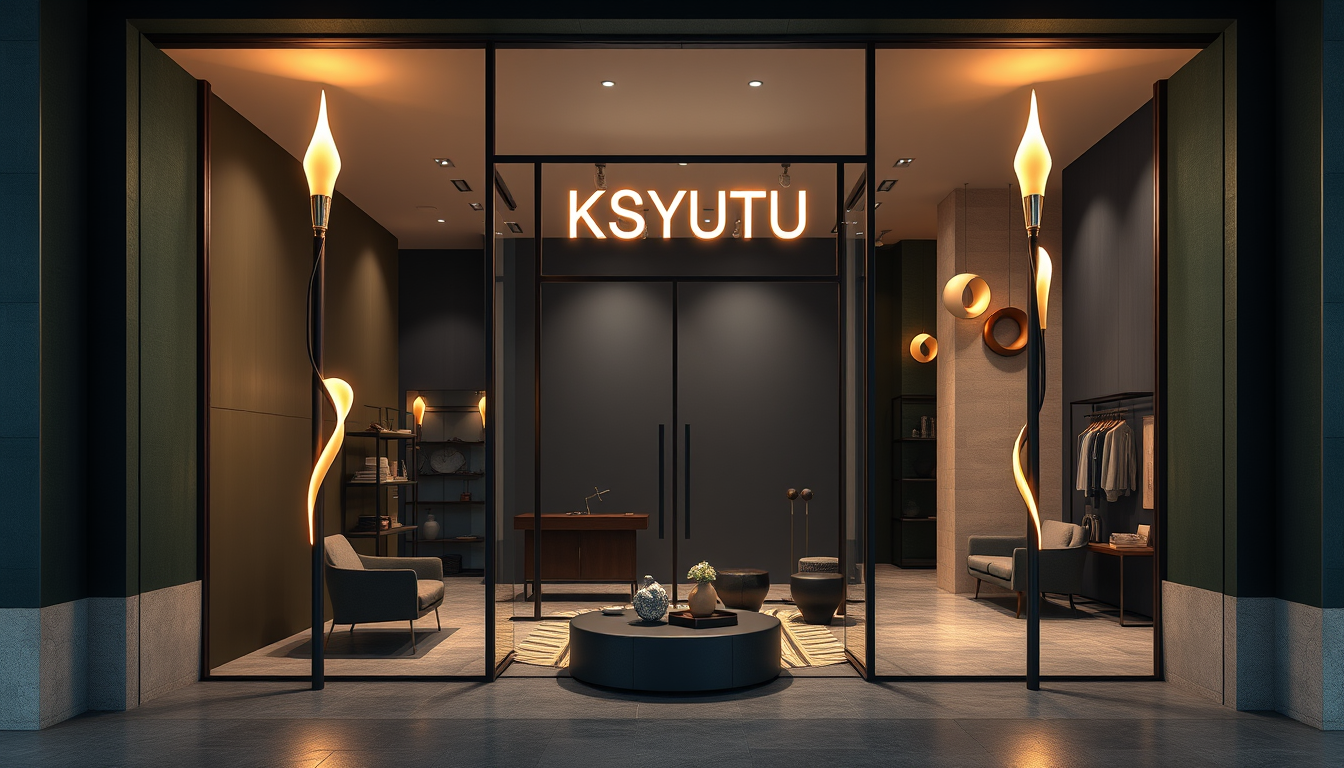 Interior Design idea: AI interior design, cohesive furniture layout decor and lighting, photorealistic interior render, Contemporary Ukrainian design store KSYUTÀ entrance.