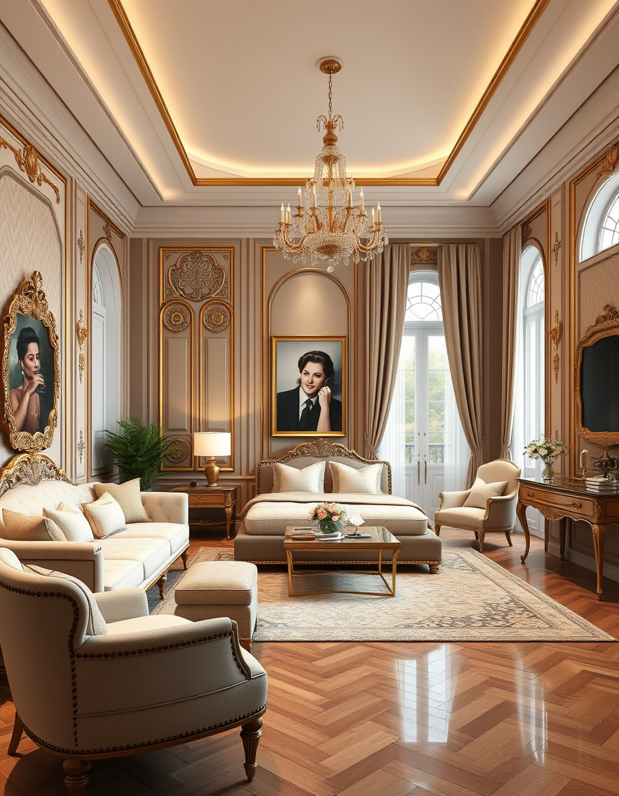 Interior Design idea: AI interior design, cohesive furniture layout decor and lighting, photorealistic interior render, Please make a very very very rich room about 150000m