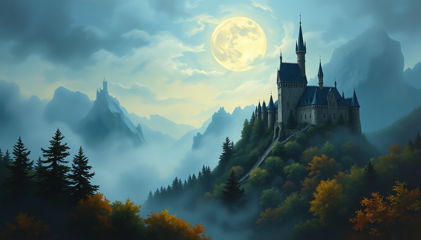 Landscape idea created from the prompt: painted landscape, atmospheric perspective, hand-brushed sky and foliage, gallery composition, misty ravenloft landscape with large moon and