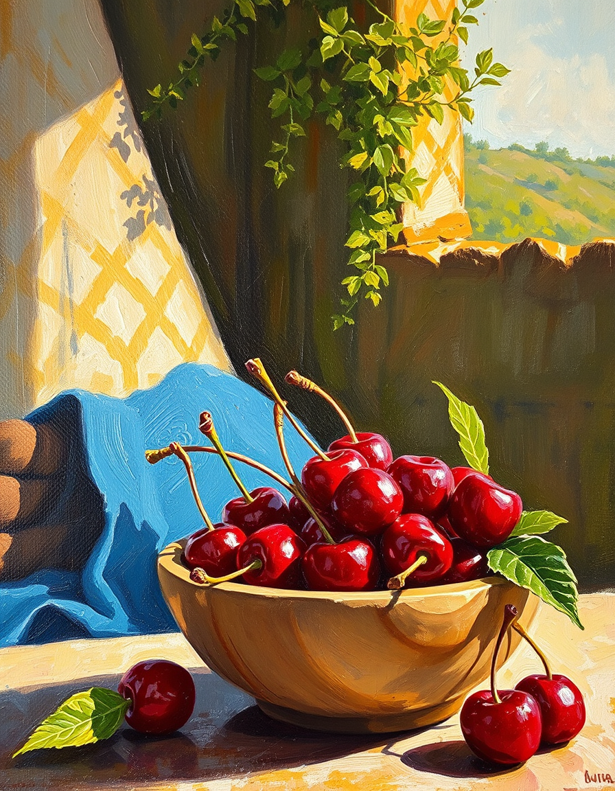 Oil Paintings idea: oil painting style, rich textures, brushstrokes, impasto technique, a wooden bowl of cherries, warm afternoon sun , classical oil painting, museum qua
