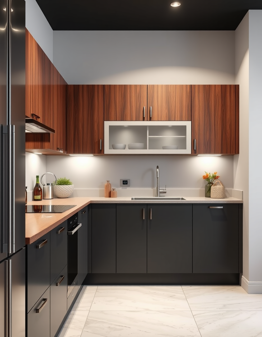 Kitchen Design idea: AI kitchen design, modern cabinetry countertops and lighting, photorealistic interior render, Design a 5 meter straight one wall only kitchen with ove