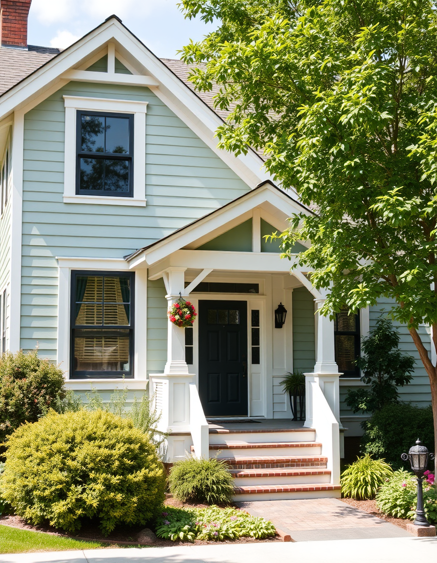 Exterior Paint idea: home exterior paint visualization, preserve architecture and landscaping, recolor siding trim and front door, A white craftsman house with sage green