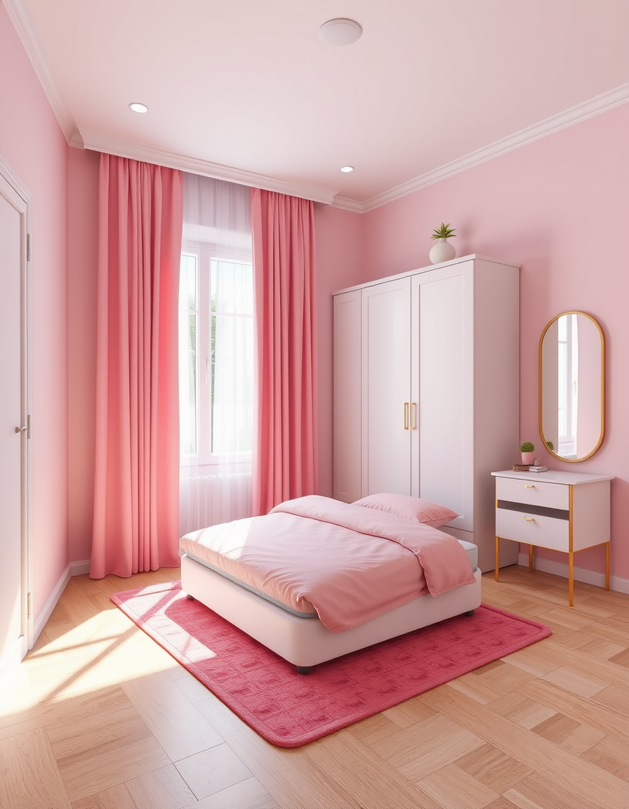 Room Design idea: AI room design, full room layout furniture and lighting, photorealistic interior render, Realistic photo of a small, simple bedroom with pink and gold