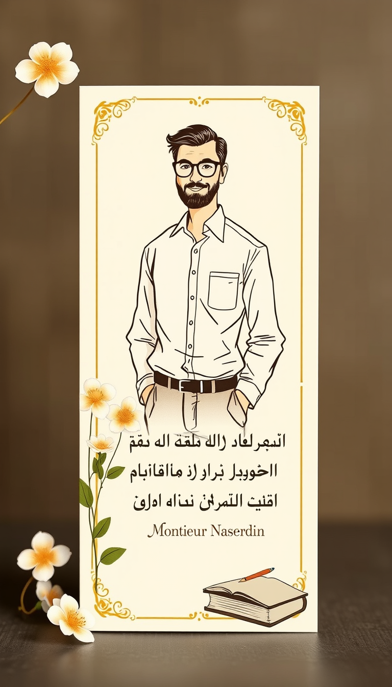 Main painting studio: Luxury vertical gift card for Monsieur Naserdin, ivory, beige, olive and gold. Tall man, glasses, little hair, shirt, trousers, slight belly, calm smi
