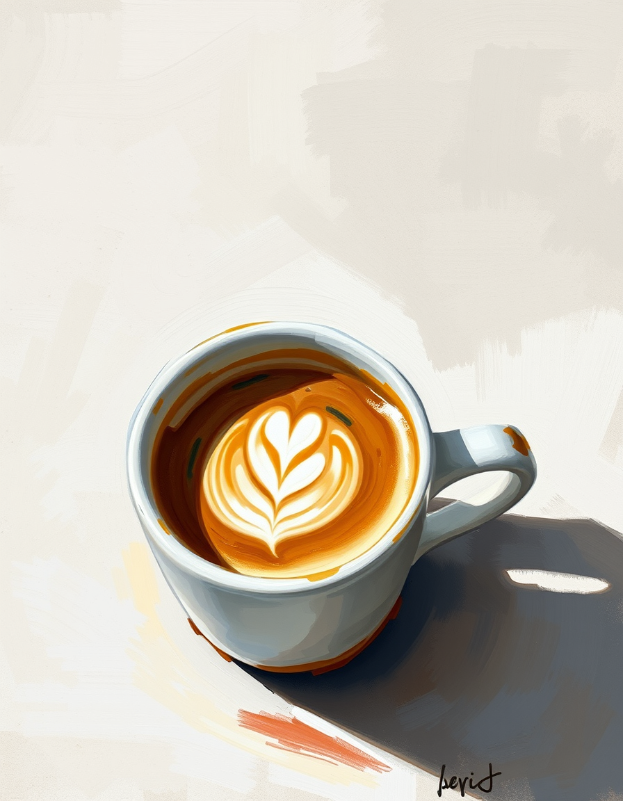 Main painting studio: impressionist capuccino, mug, loose visible brushstrokes.