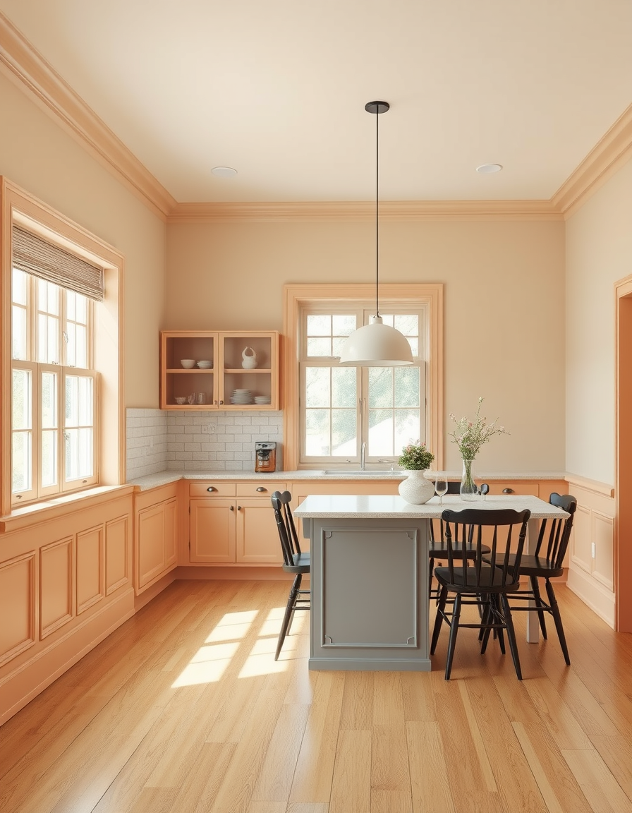 Paint Color idea created from the prompt: room repainted in a new wall color from the photo, accurate paint finish, photorealistic interior render, a kitchen with persimmon-peach pai