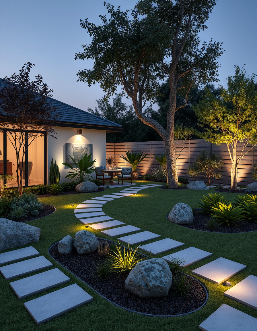 Landscape Design idea: AI landscape design, yard layout plants hardscape and lighting, photorealistic render, 羅漢松盆栽 踏板 景石頭 , landscape design visualization
