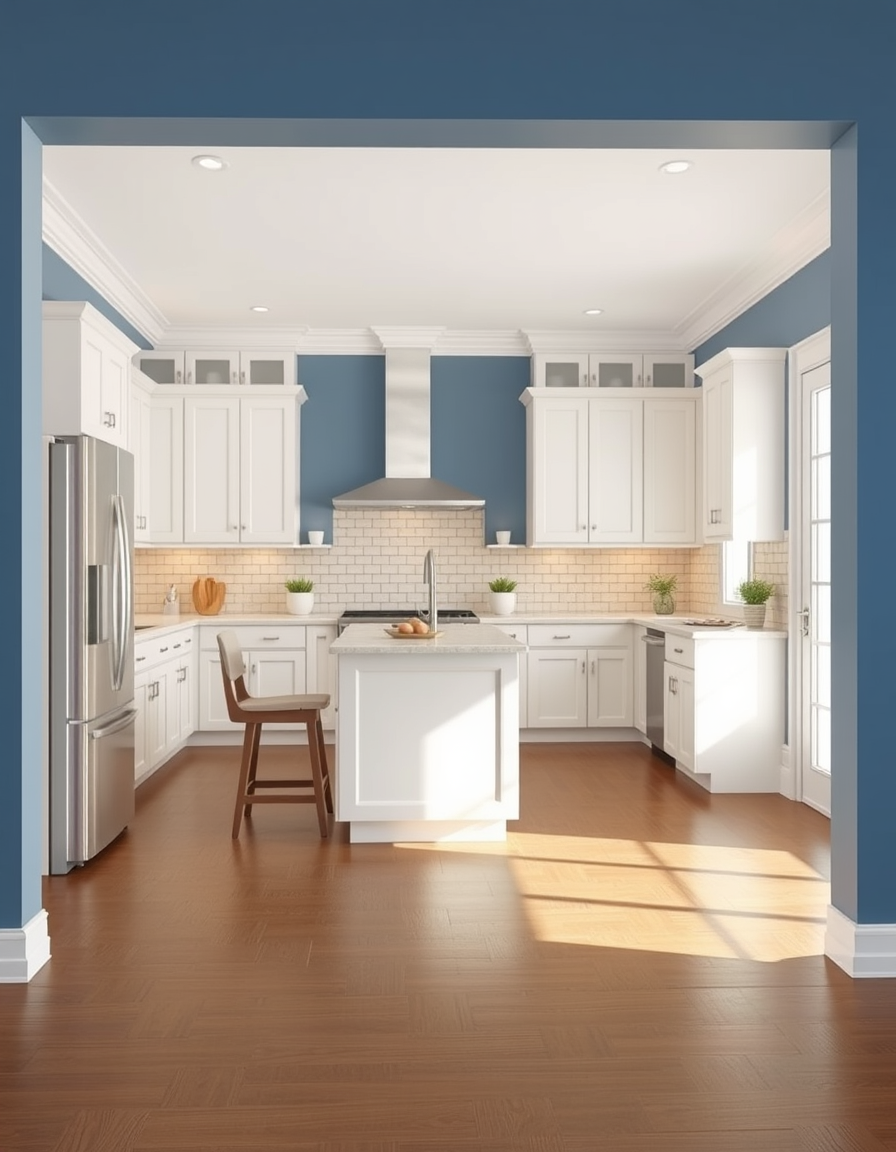 Paint Color idea: room repainted in a new wall color from the photo, accurate paint finish, photorealistic interior render, Kitchen off white cabinets, white trim brown