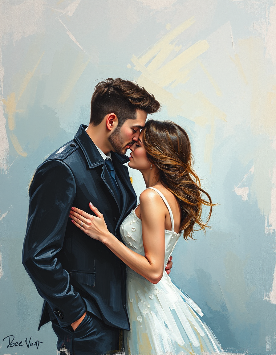 Turn Photo Into Paintings idea: painting from the photo, expressive brushwork, painterly rendering, la photo d'un couple transformée en peinture à l'huile romantique avec un vignetta