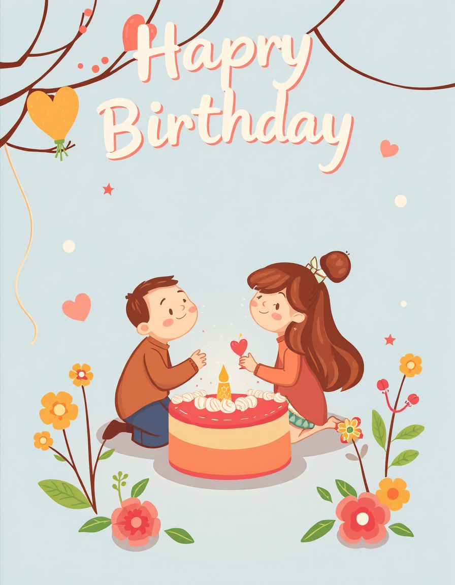 Greeting Cards idea: greeting card design, warm illustration, space for message, a birthday greeting card , cartoon style. The inner page of the card has a large blank spa