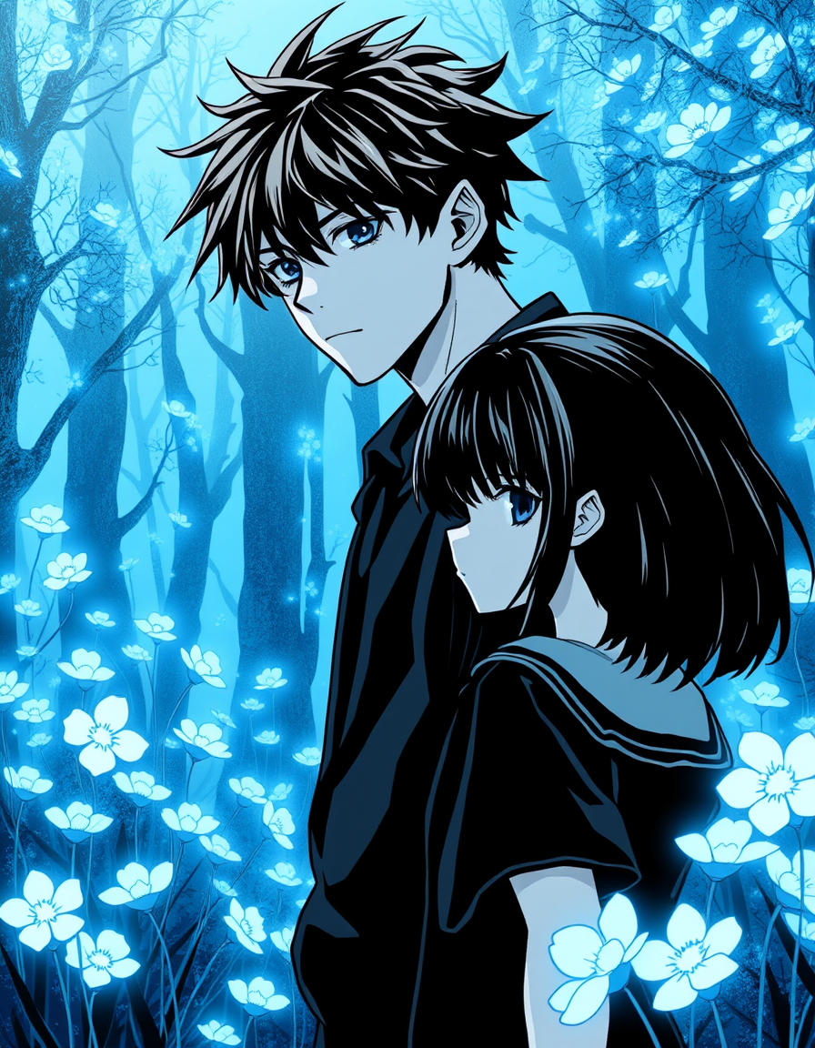 Comic Art idea: comic art, bold ink lines, halftone shading, dynamic composition, The same Aira standing in the glowing blue dream forest. A mysterious 17-year-old bo