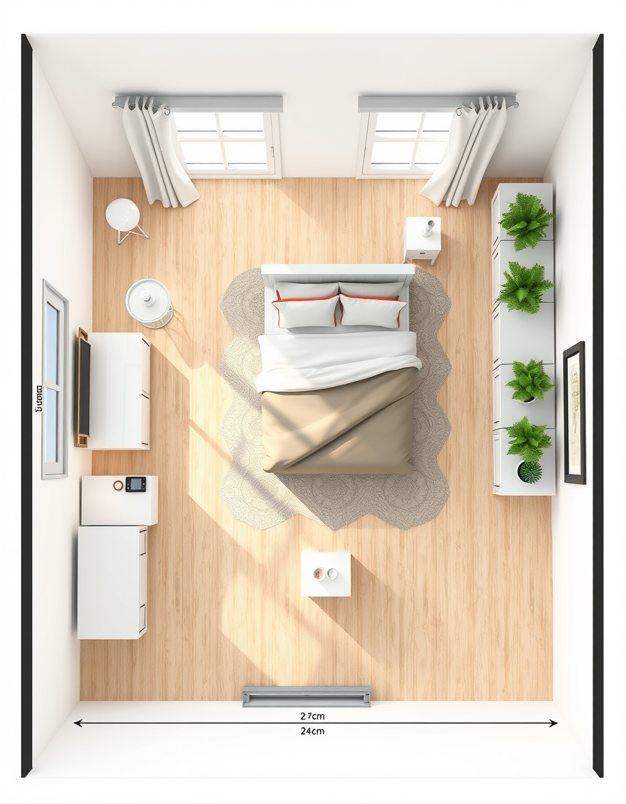 AI Bedroom Design idea created from the prompt: AI bedroom design, bed layout decor and lighting, photorealistic interior render, Create a top-down bedroom floor plan. Room: 292 × 286 cm.