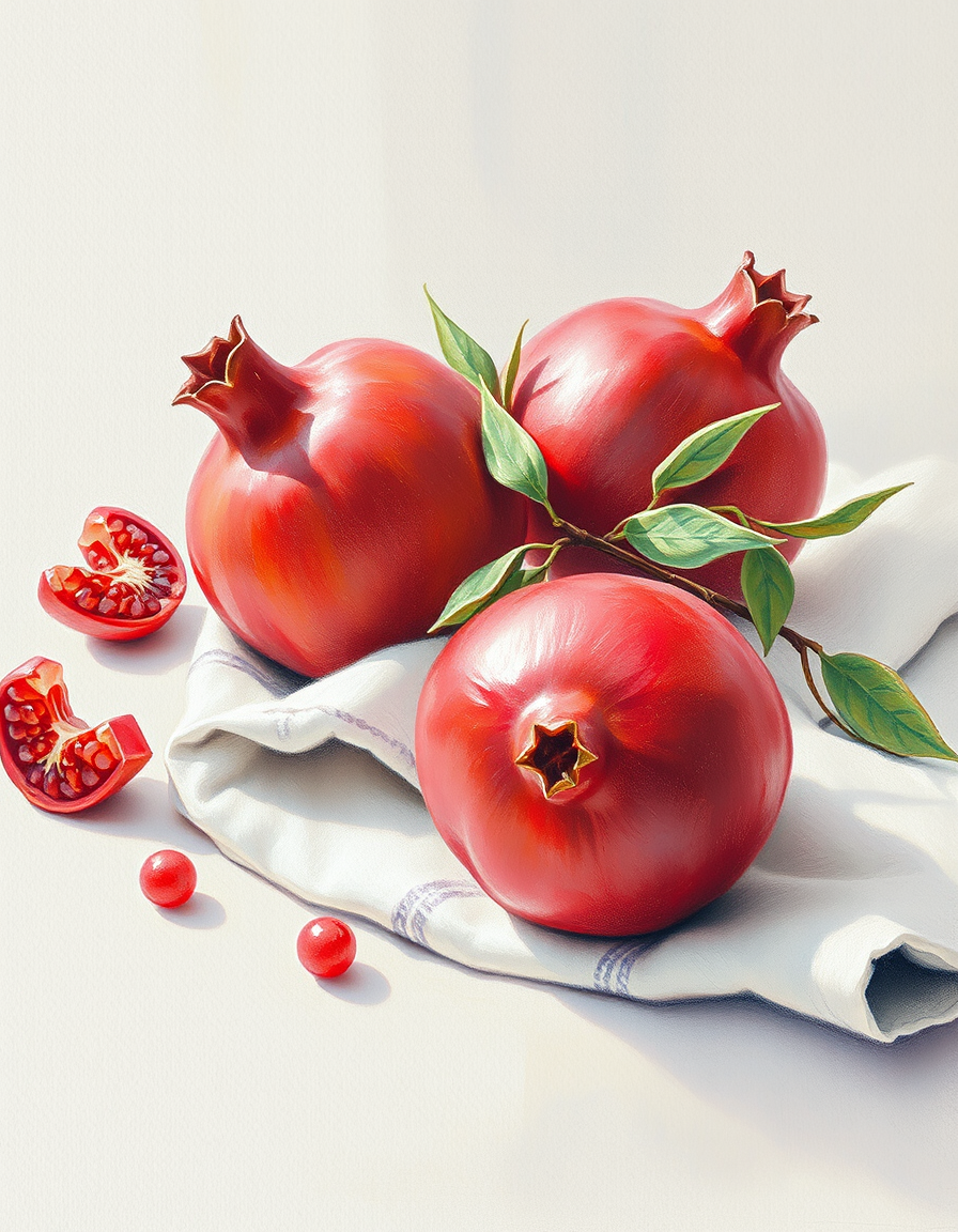 Pastel idea: pastel art, soft colors, chalk pastel texture, delicate shading, a still life of pomegranates on a linen cloth, soft window light , pastel drawing on