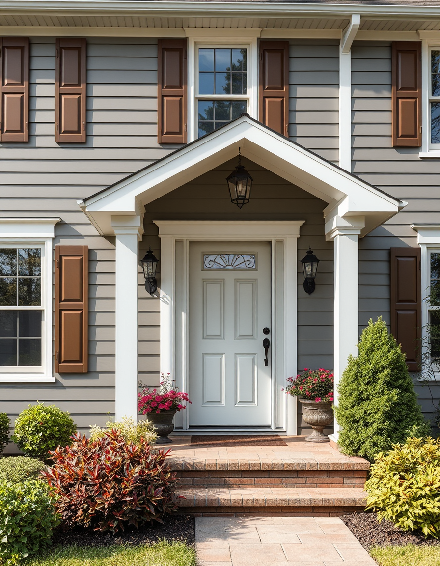 Exterior Paint idea: home exterior paint visualization, preserve architecture and landscaping, recolor siding trim and front door, house with agreeable gray siding, urbane