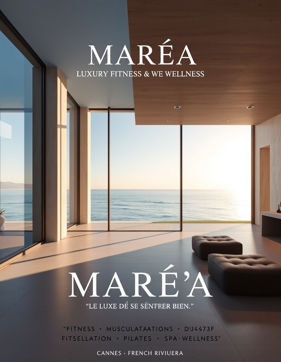 Main painting studio: Crée une affiche publicitaire verticale, élégante et photoréaliste, pour présenter MARÉA, un club privé de fitness et de bien-être de luxe situé à Can