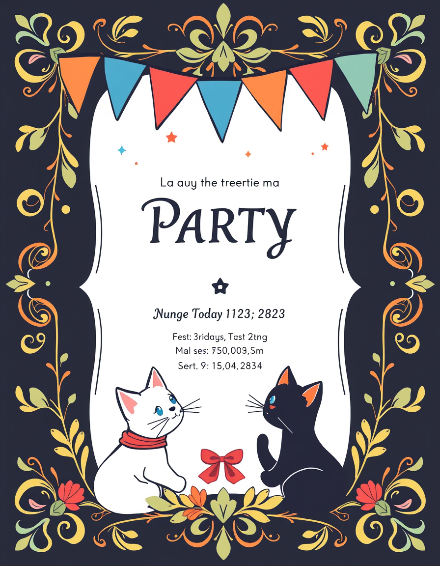 Invitation idea: party invitation design, festive layout, decorative border, space for event details, zaproszenie na urodziny w stylu katseye , printable invitation