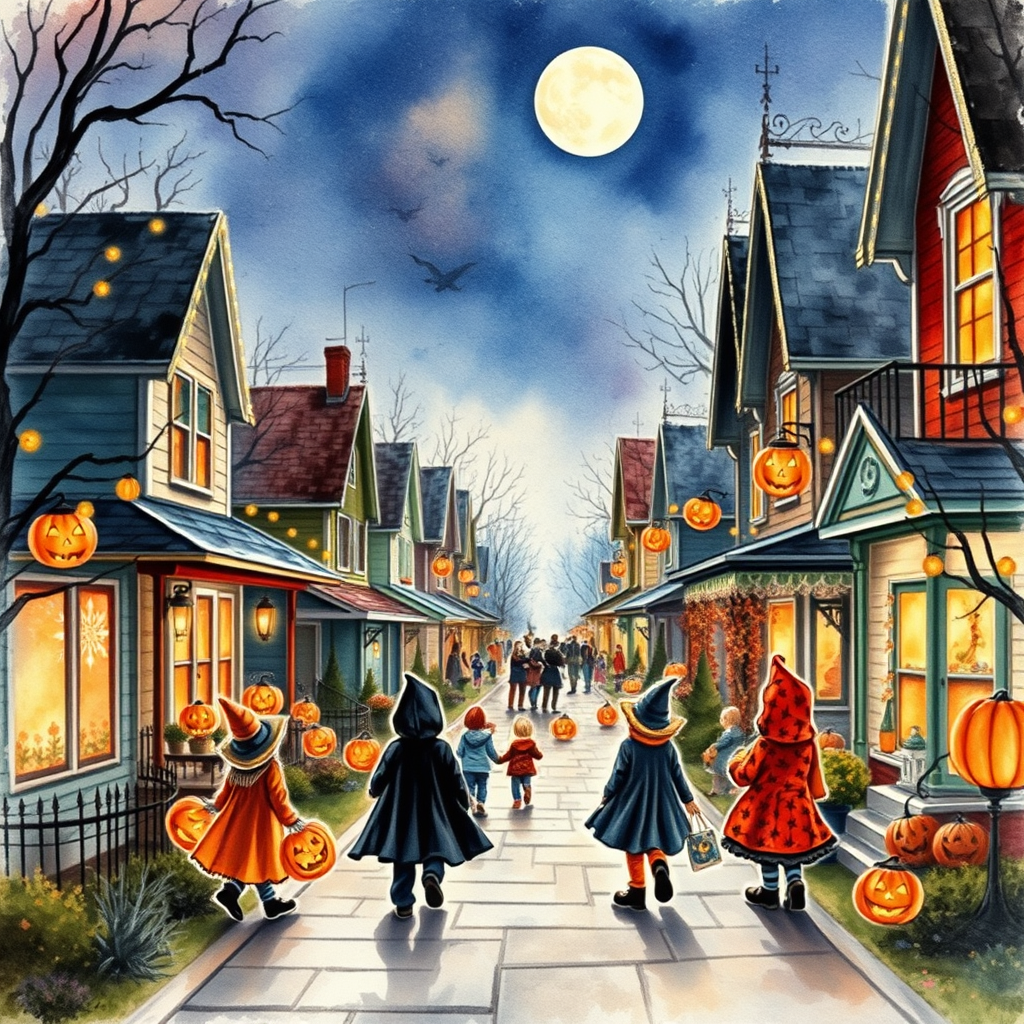 Picture Into Watercolor idea: turn picture into watercolor, transparent washes, paper texture, soft pigment edges, A beautiful Halloween street and houses with lighting and decorat