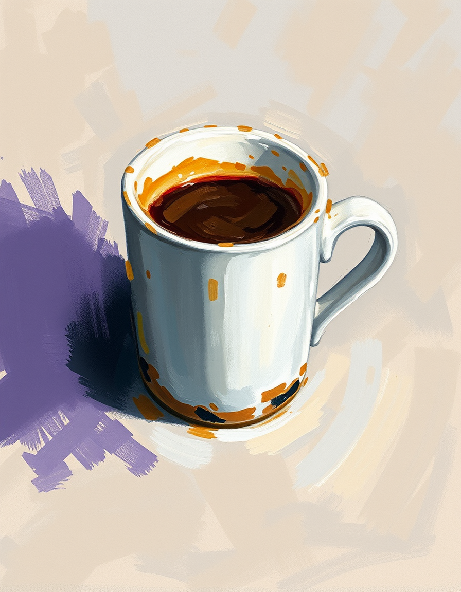 Main painting studio: impressionist small espresso, mug, loose visible brushstrokes.