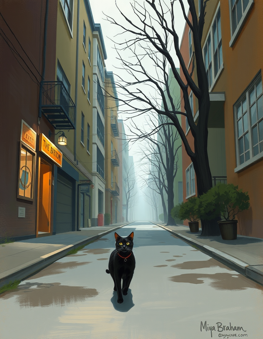Book Covers idea: cover-ready concept art organized around genre, focal point, and title-safe space, deliberate composition, A black cat roaming the streets. The title