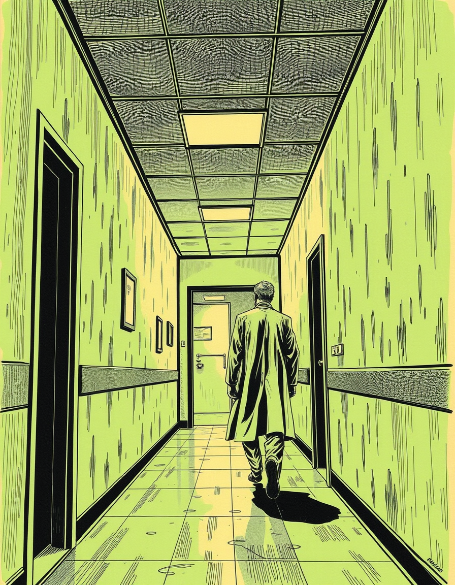 Comic Art idea: comic art, bold ink lines, halftone shading, dynamic composition, Vista desde arriba de un pasillo de hospital psiquiátrico, 1967. Luces fluorescentes
