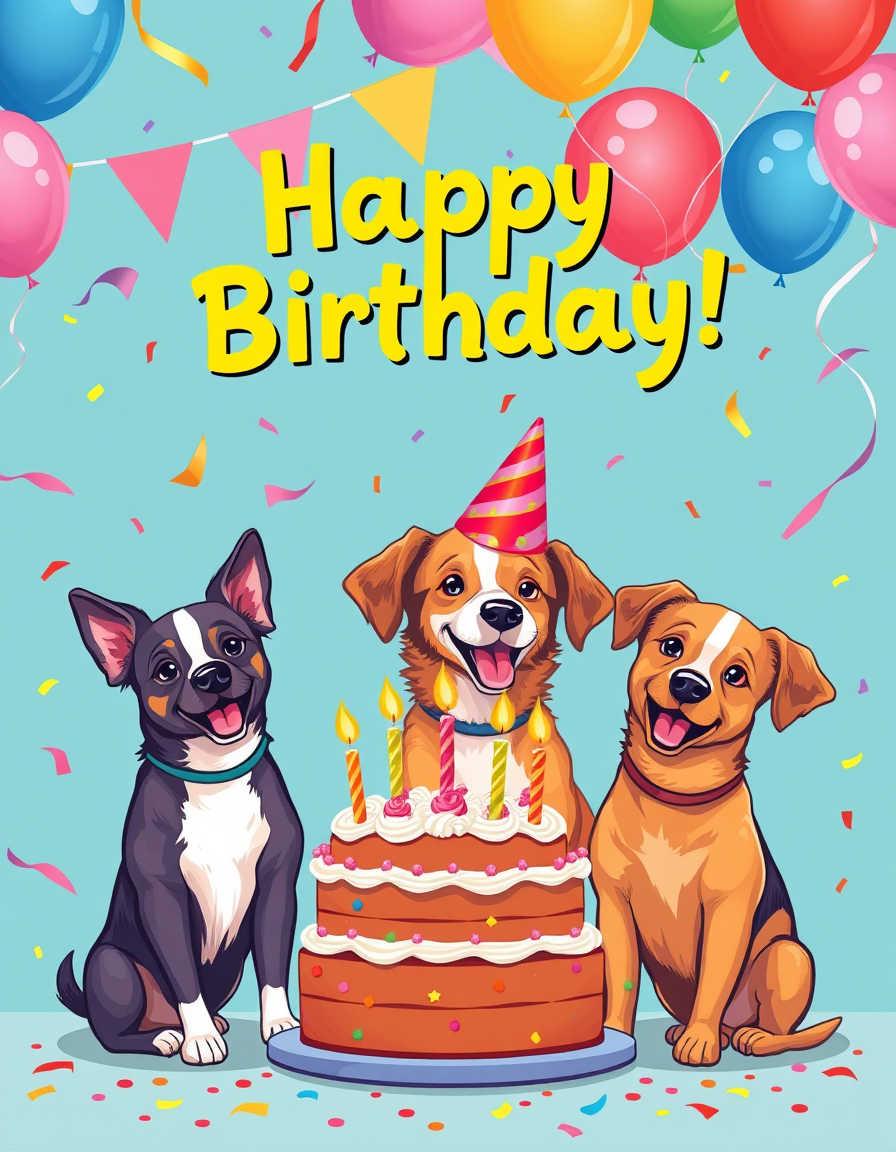 Birthday Cards idea: birthday card design, cheerful festive artwork, space for greeting, colorful ballons and confetti, bright and festive with 4 dogs celebrating happy bi