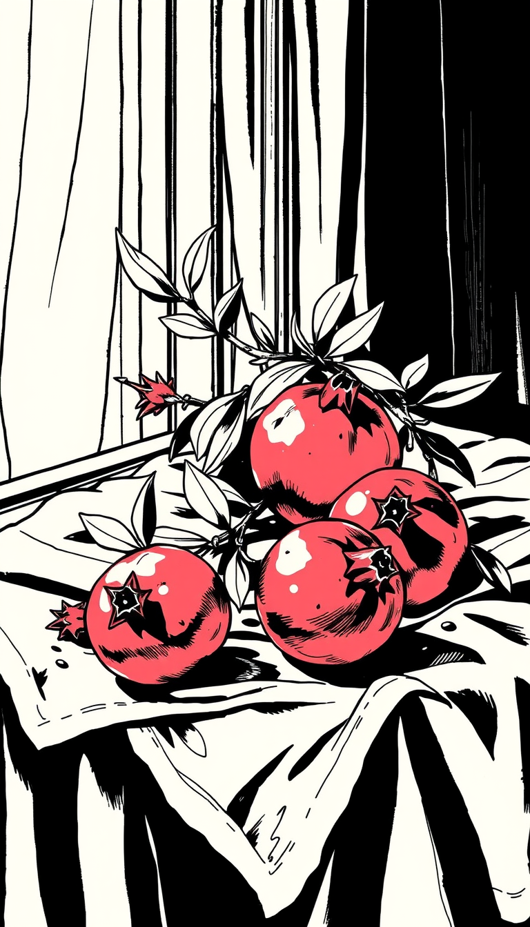 Comic Art idea: comic art, bold ink lines, halftone shading, dynamic composition, a still life of pomegranates on a linen cloth, soft window light , graphic novel ill